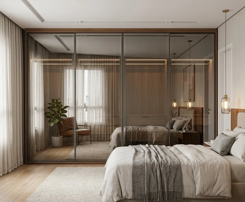 Quarto planejado com closet de vidro