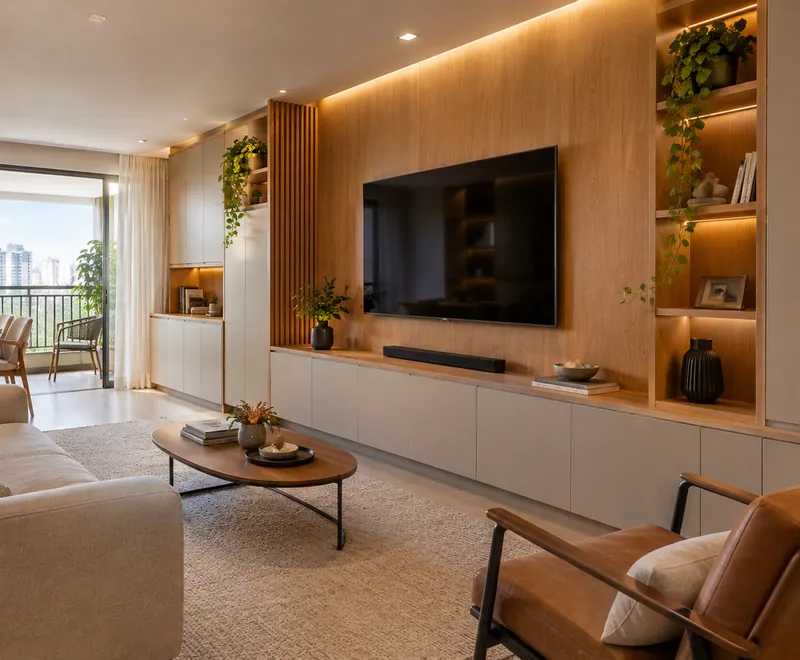 Sala planejada com painel de TV